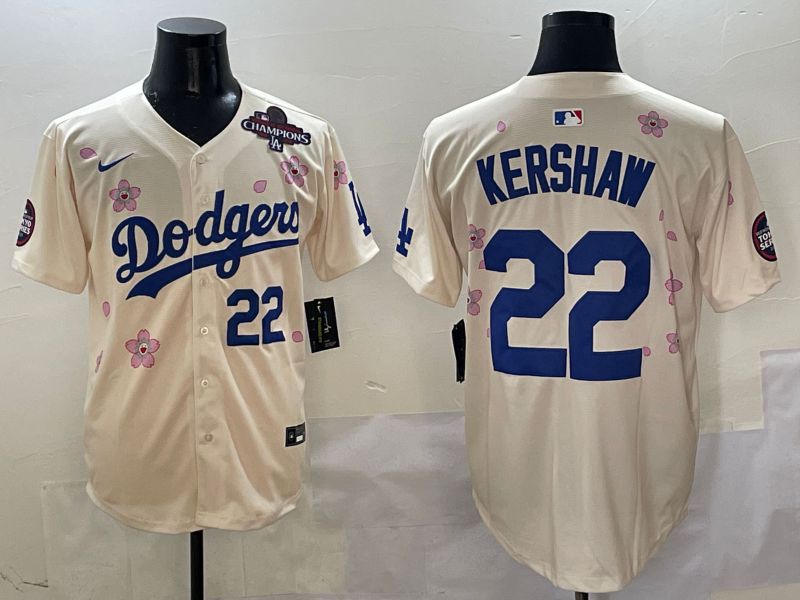 Men Los Angeles Dodgers 22 Kershaw Cream White Blue Sakura Edition 2025 Nike MLB Jersey style 10